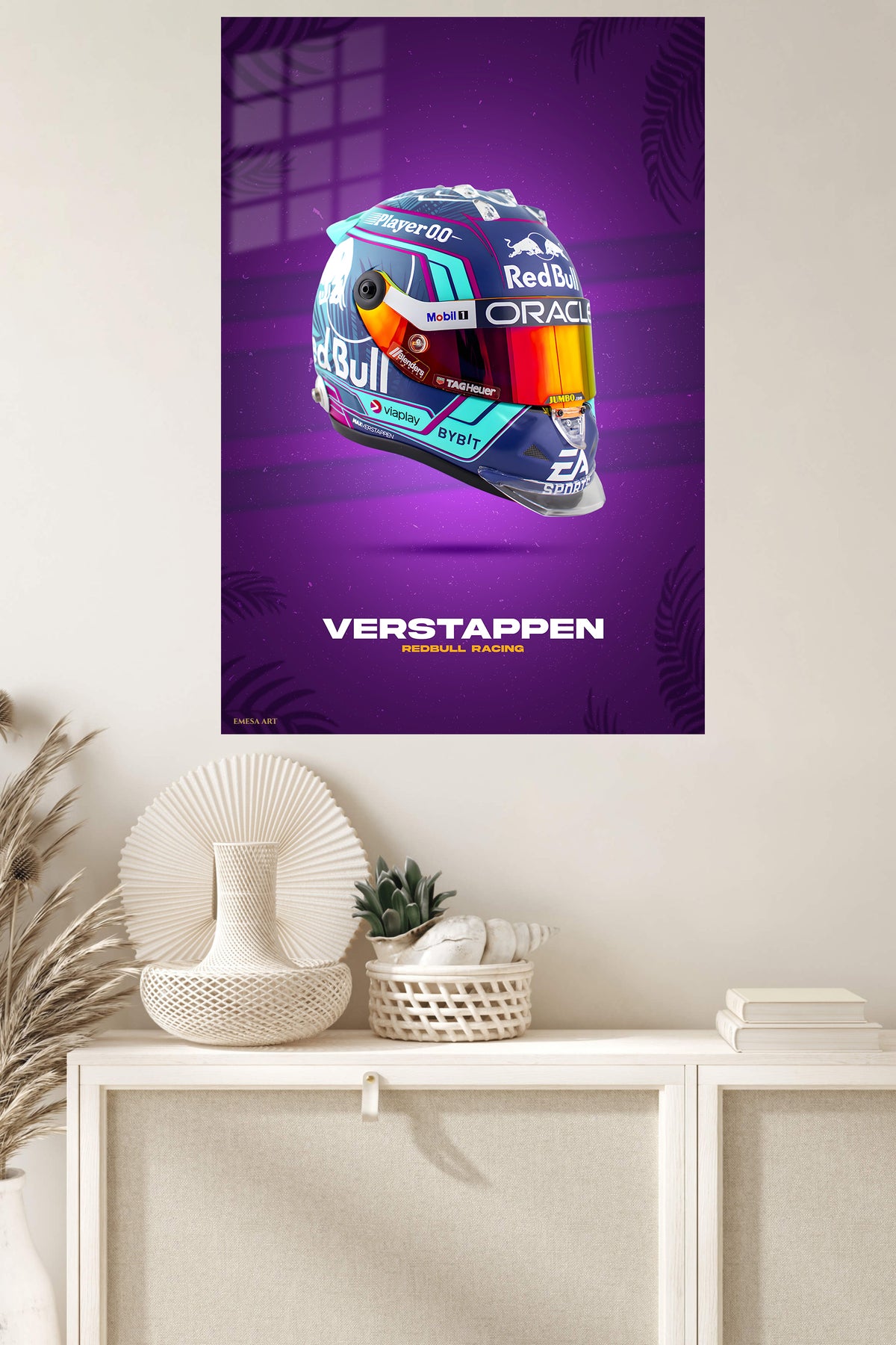 Verstappen Racing Helmet Poster metal wall art displayed in a modern interior