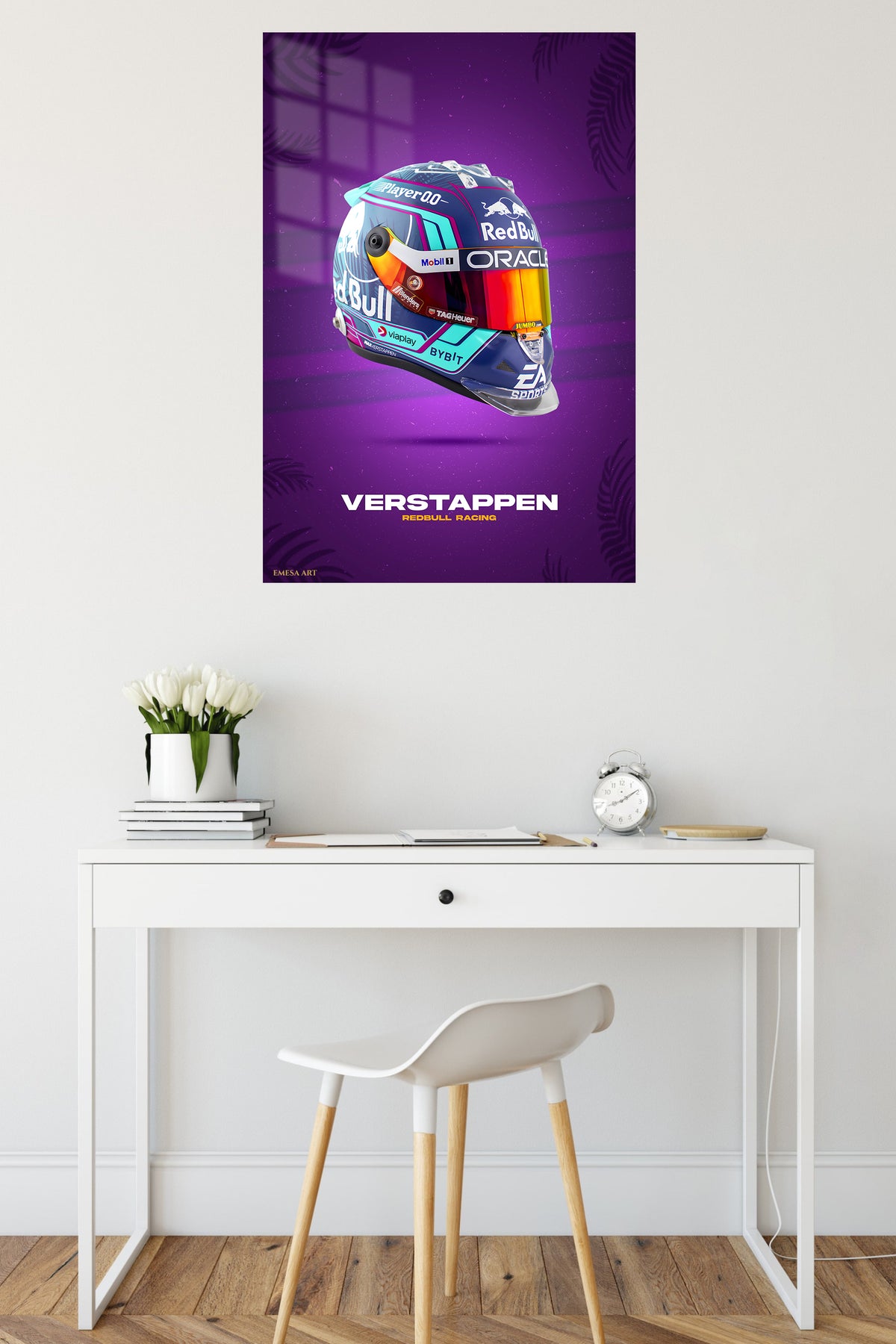 Verstappen Racing Helmet Poster metal wall art displayed in a contemporary living space