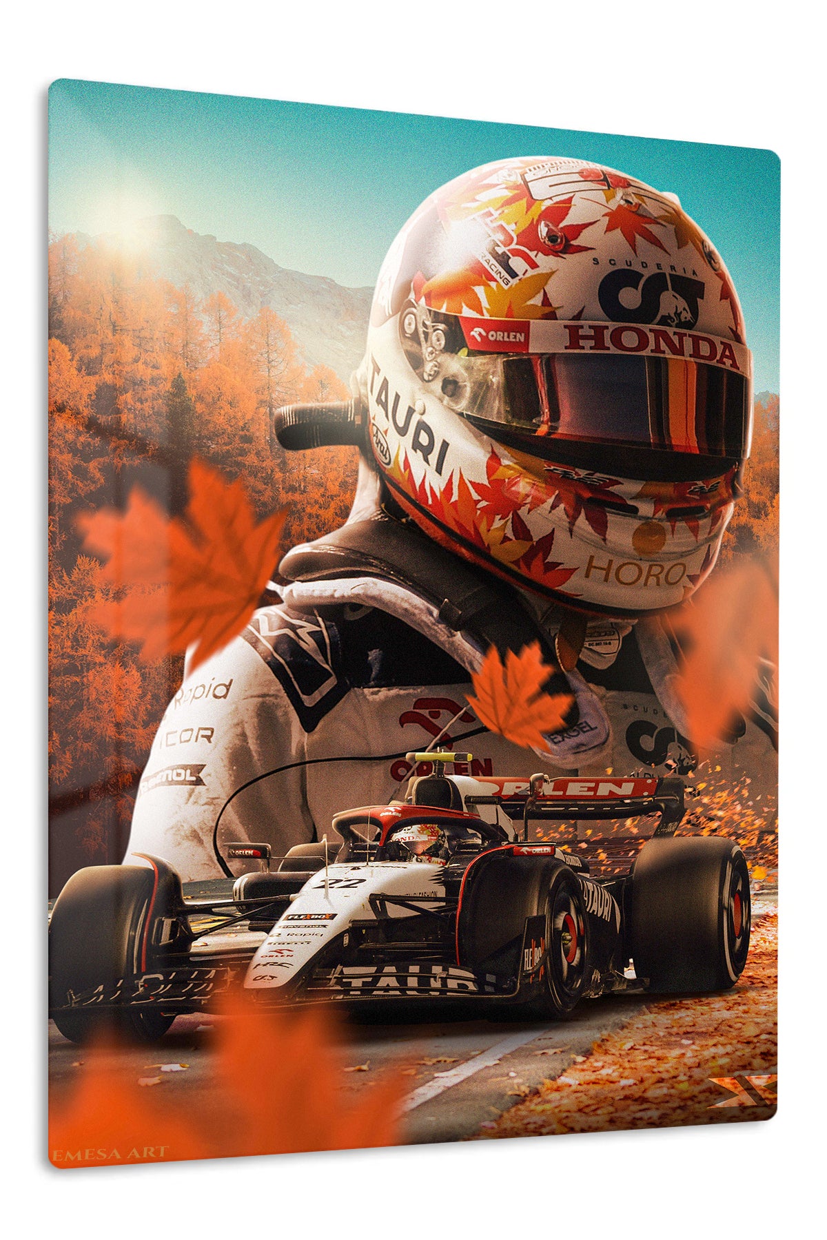 Autumn Formula Racing Driver premium metal wall art – front view
