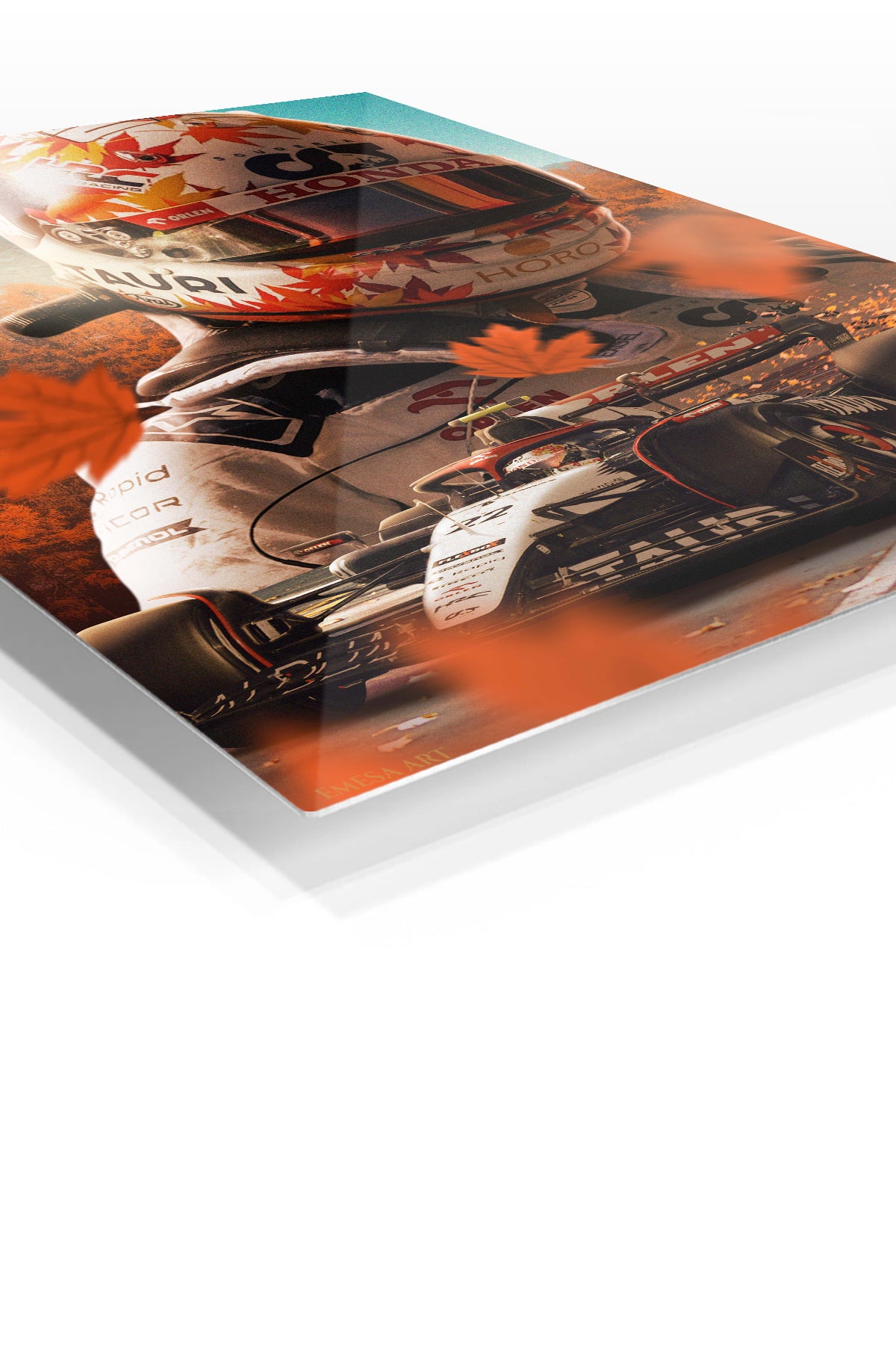 Autumn Formula Racing Driver premium metal wall art – angled view