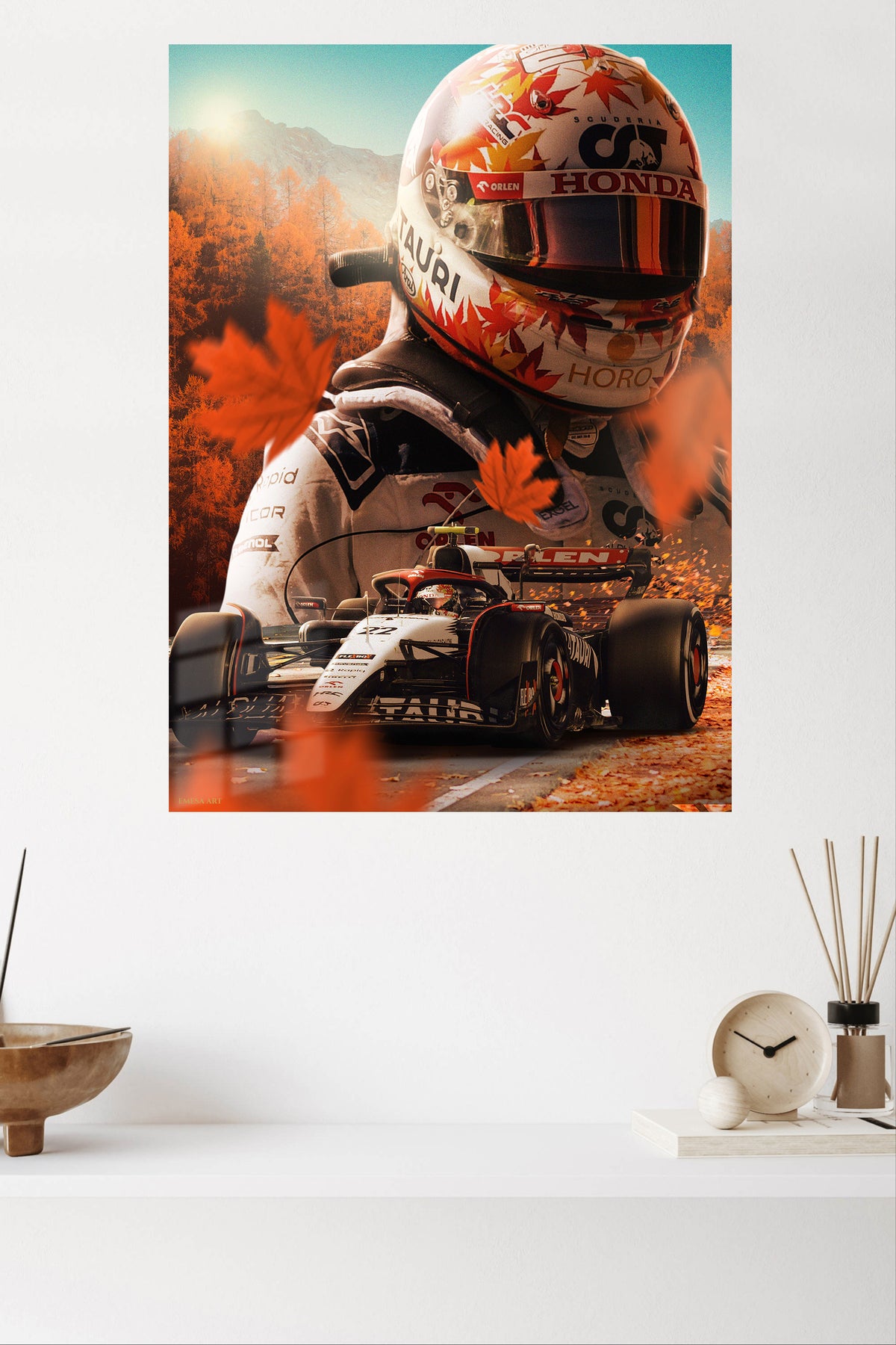 Autumn Formula Racing Driver metal wall art displayed in a modern interior
