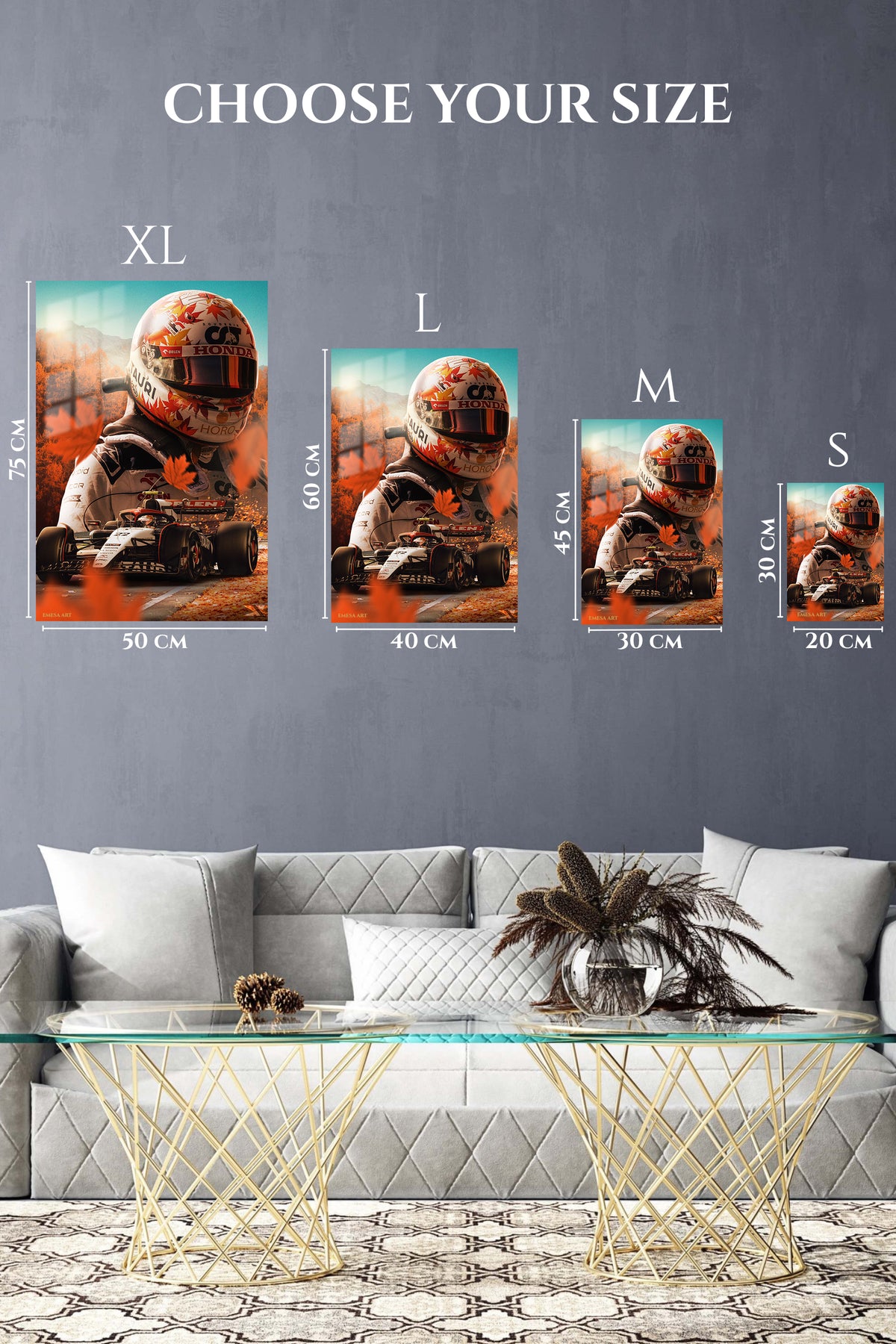 EMESA metal wall art size comparison guide for Autumn Formula Racing Driver