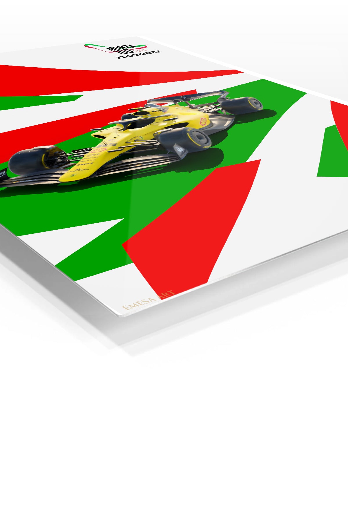 Yellow Open-Wheel Racing Car Graphic premium metal wall art – angled view