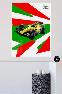 Yellow Open-Wheel Racing Car Graphic metal wall art displayed in a modern interior