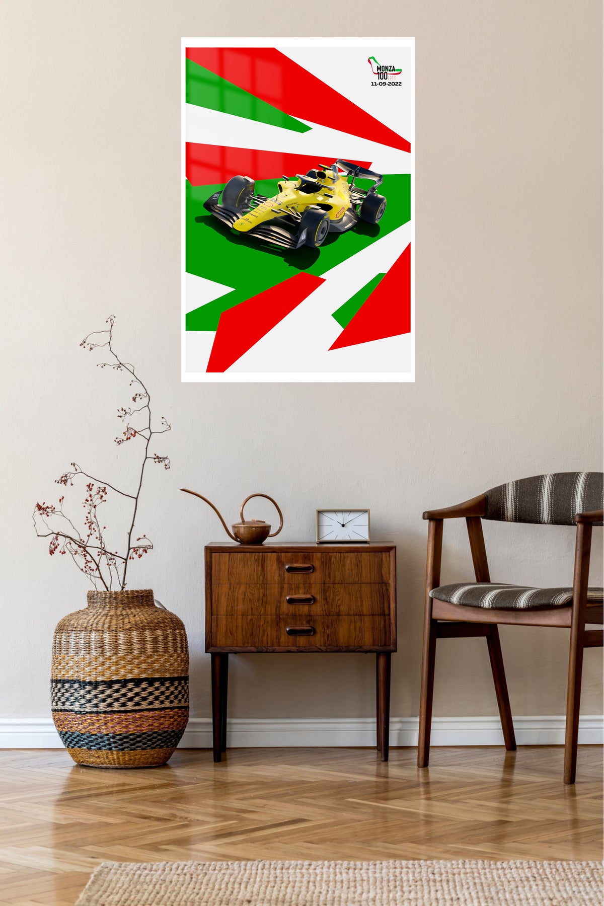 Yellow Open-Wheel Racing Car Graphic metal wall art displayed in a contemporary living space