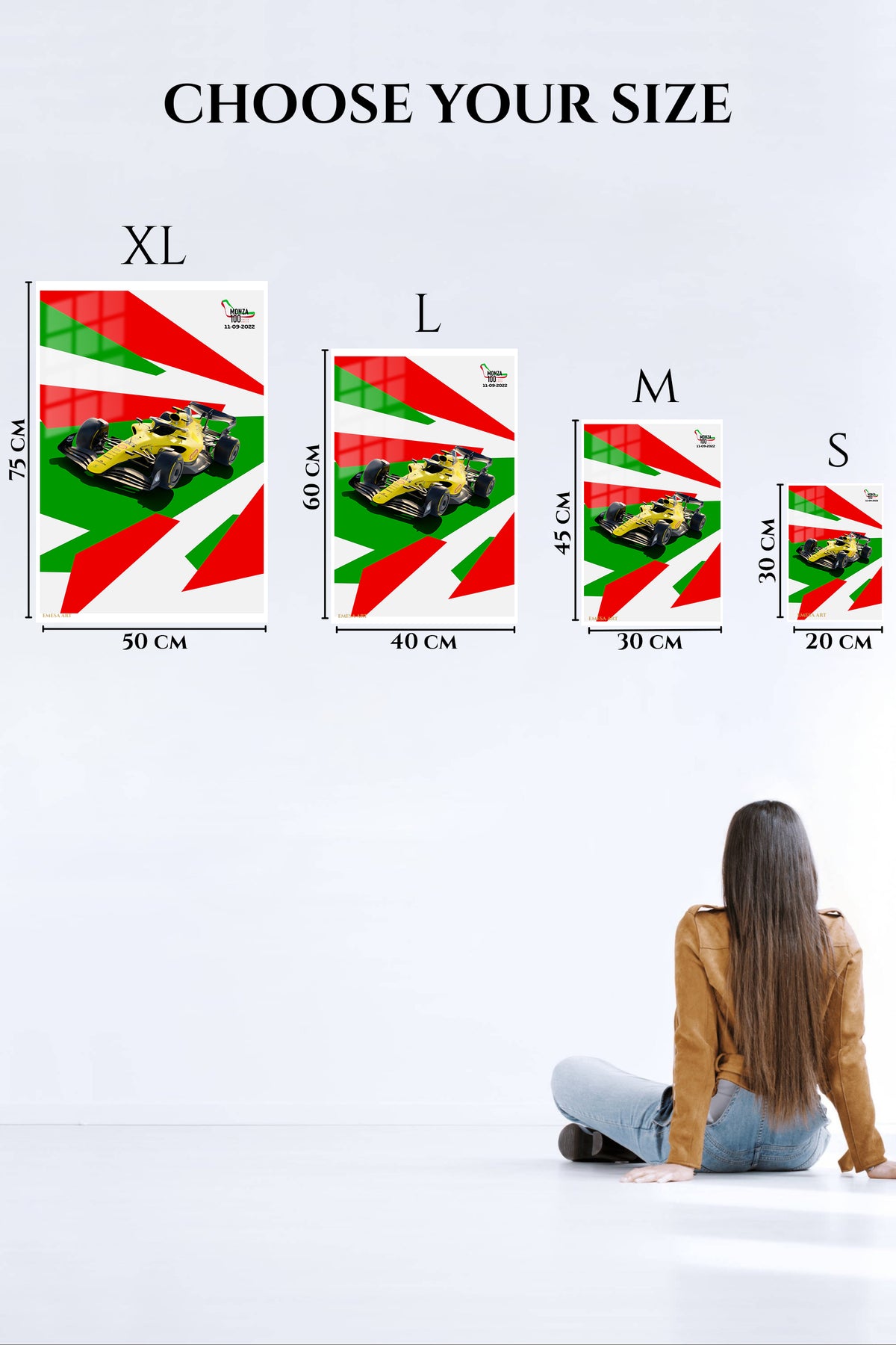 EMESA metal wall art size comparison guide for Yellow Open-Wheel Racing Car Graphic