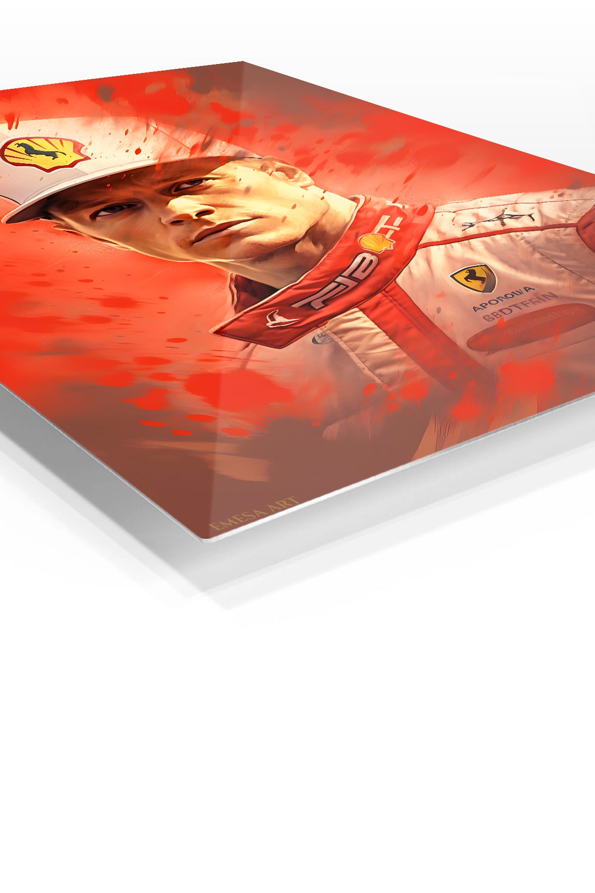 Red Motorsport Driver Portrait premium metal wall art – angled view