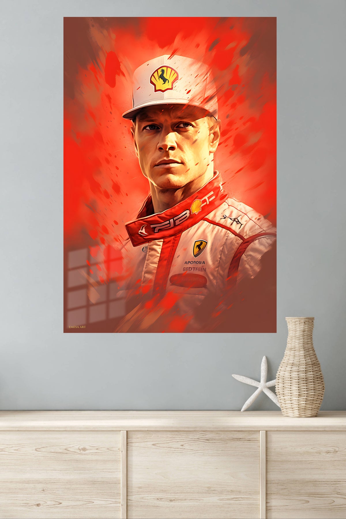 Red Motorsport Driver Portrait metal wall art displayed in a modern interior