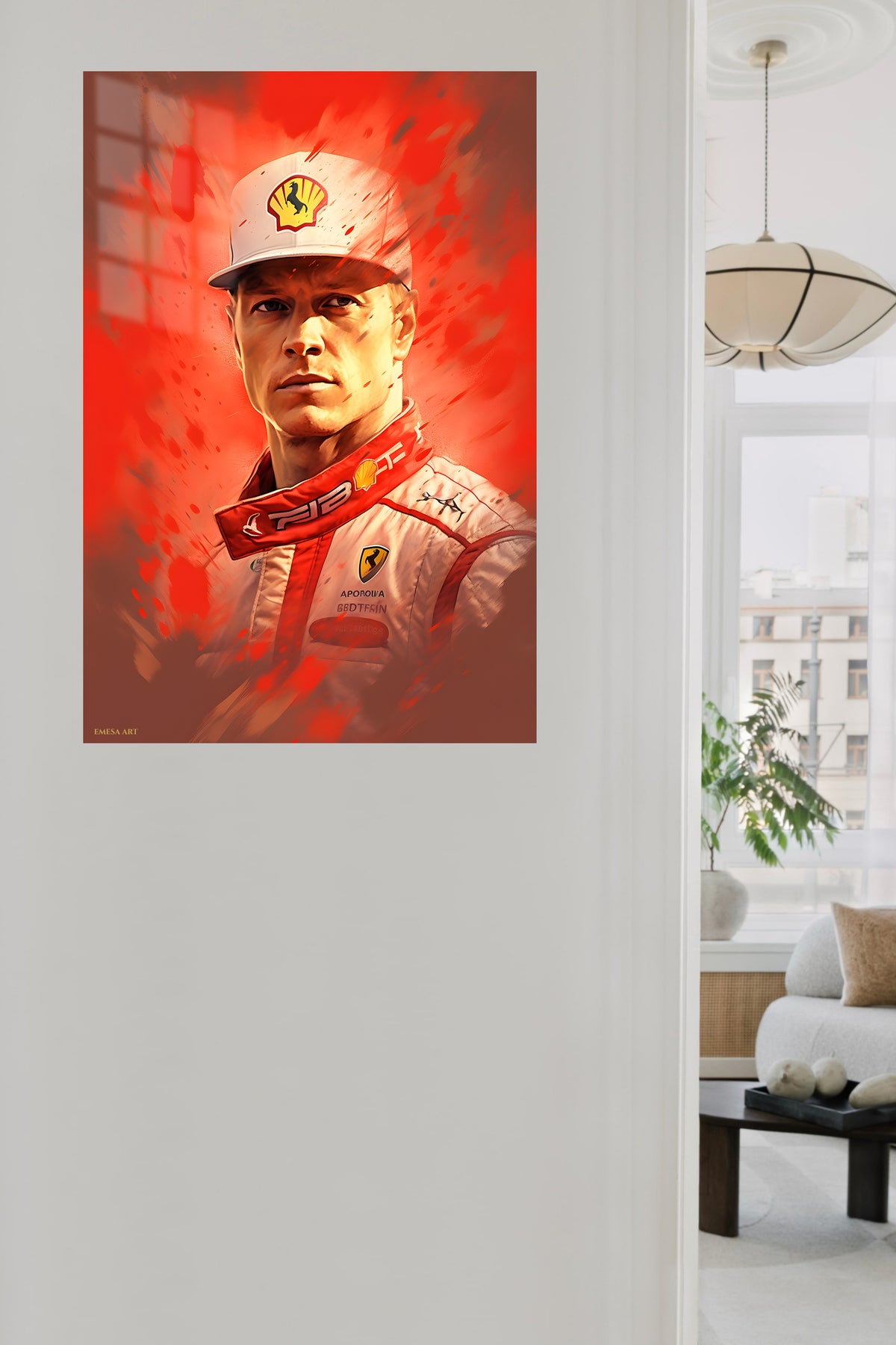 Red Motorsport Driver Portrait metal wall art displayed in a contemporary living space