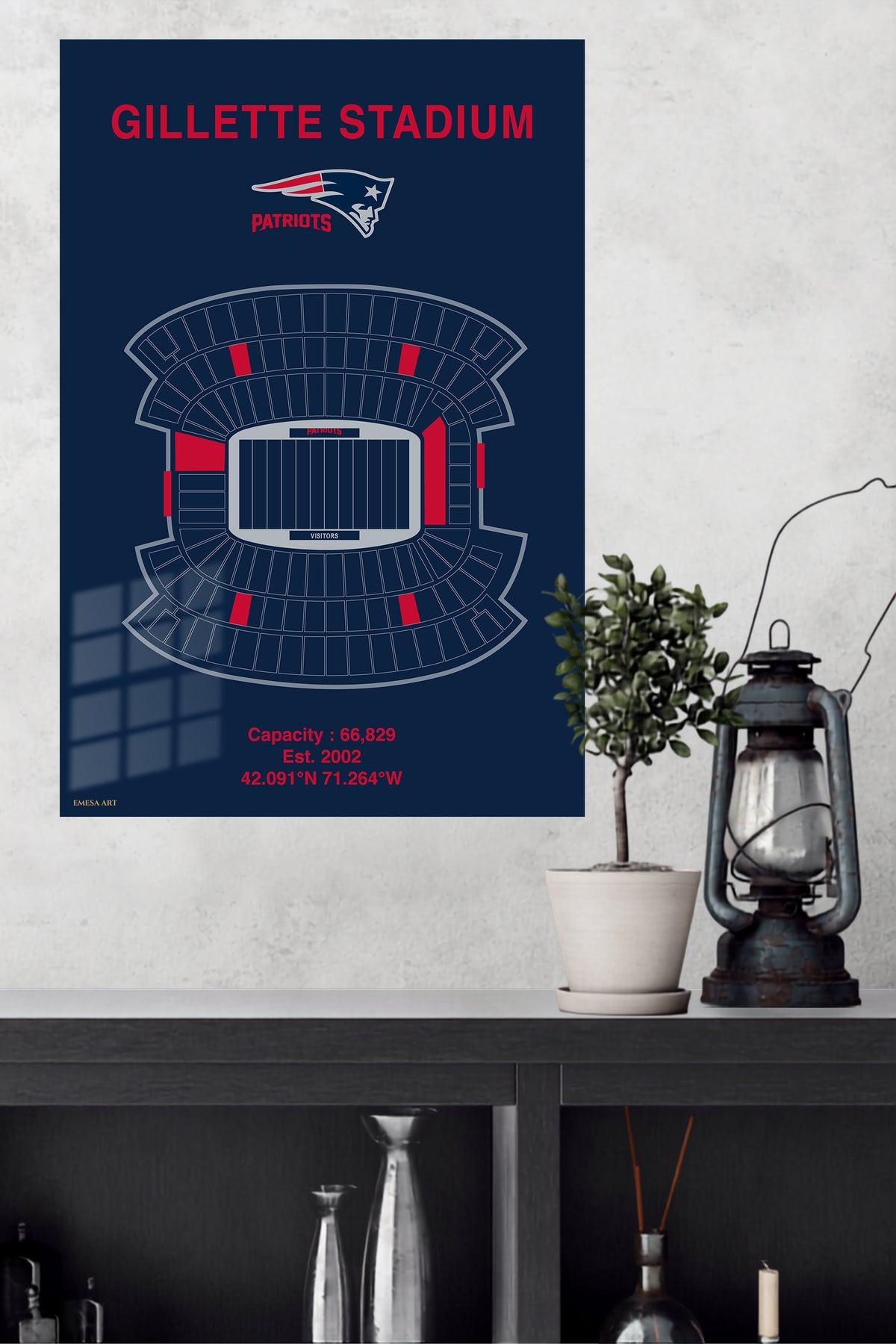 Gillette Stadium Patriots Seating Chart metal wall art displayed in a modern interior