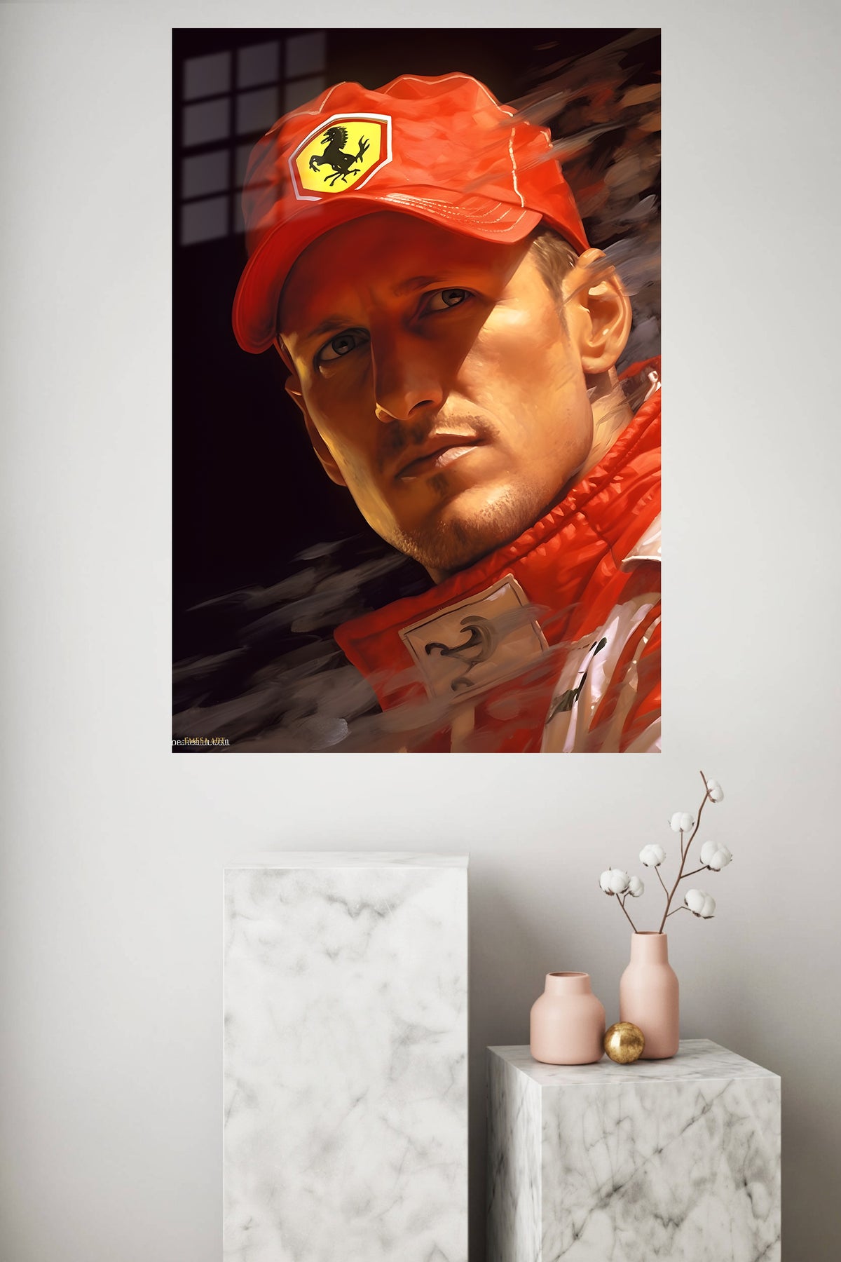 Red Motorsport Portrait metal wall art displayed in a modern interior