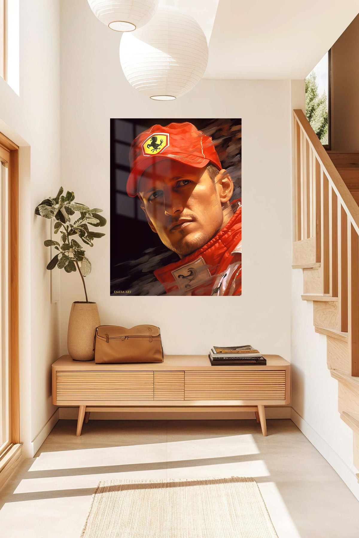Red Motorsport Portrait metal wall art displayed in a contemporary living space