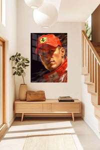 Red Motorsport Portrait metal wall art displayed in a contemporary living space