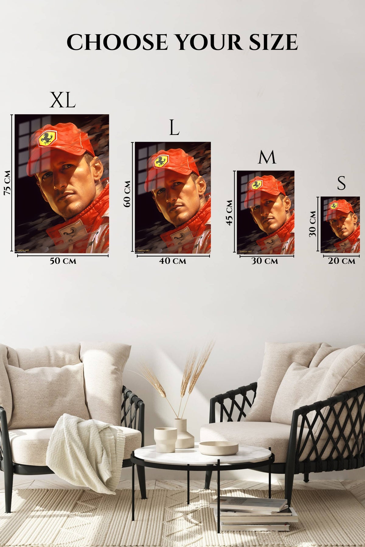EMESA metal wall art size comparison guide for Red Motorsport Portrait