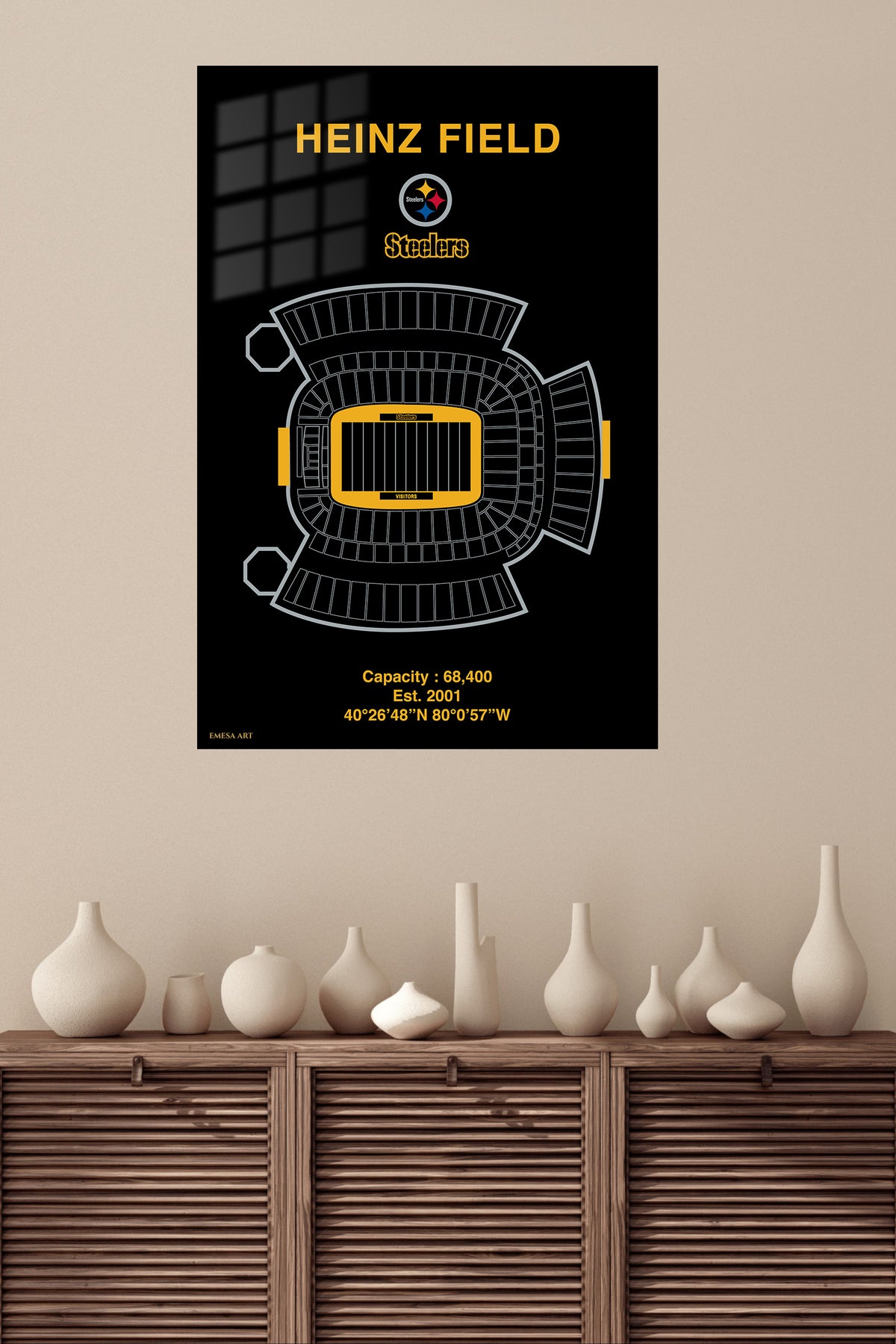Heinz Field Stadium Blueprint metal wall art displayed in a modern interior
