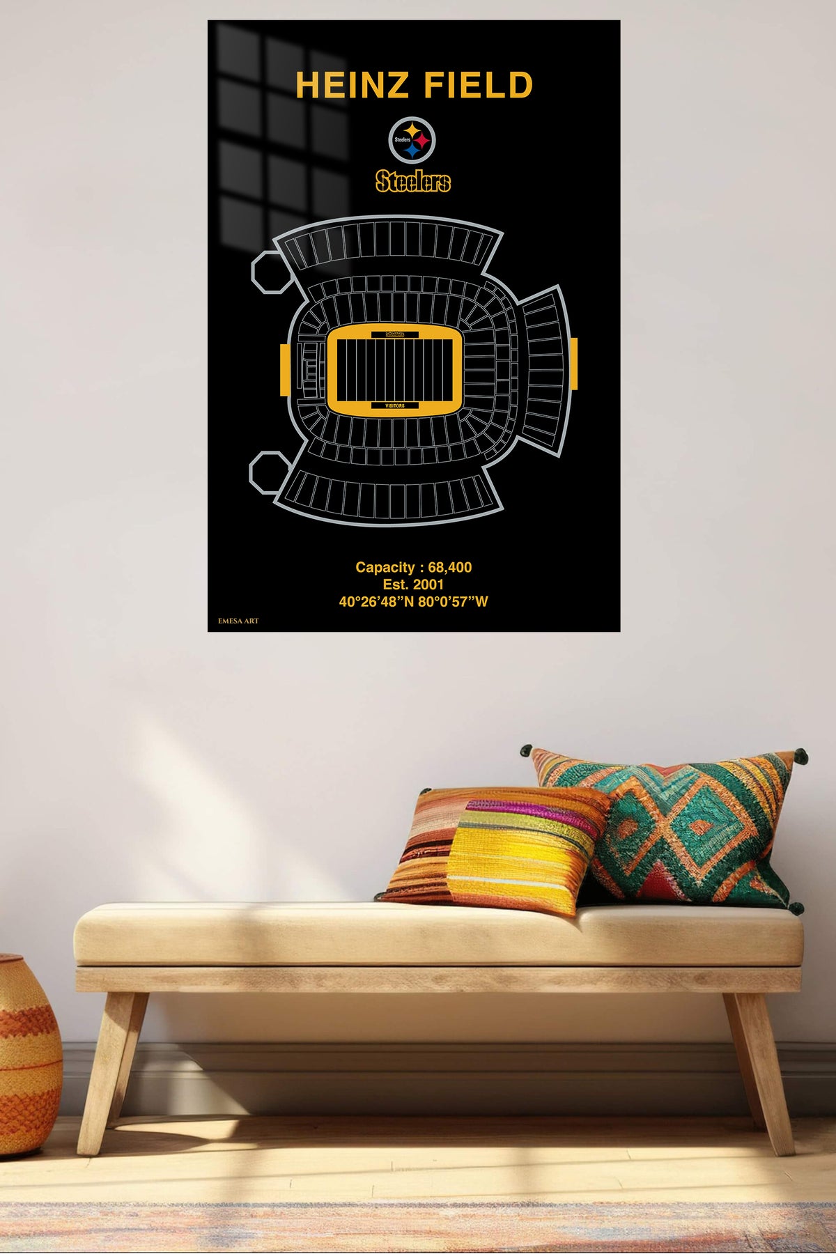 Heinz Field Stadium Blueprint metal wall art displayed in a contemporary living space