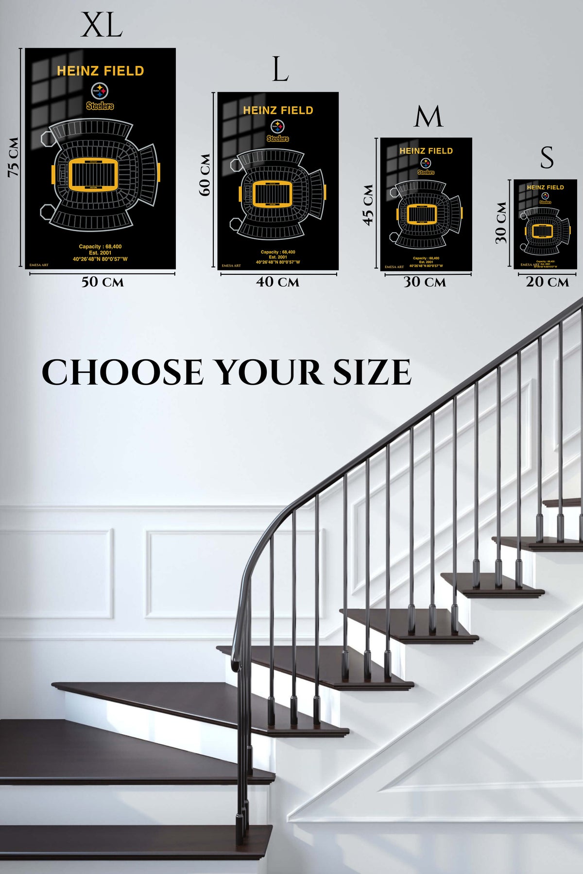 EMESA metal wall art size comparison guide for Heinz Field Stadium Blueprint