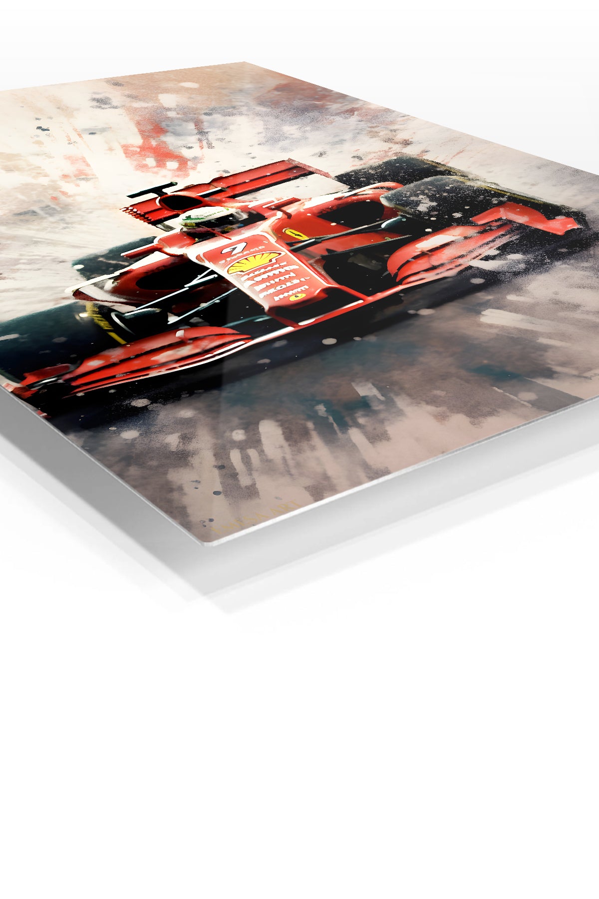 Red Formula Race Car Splash premium metal wall art – angled view