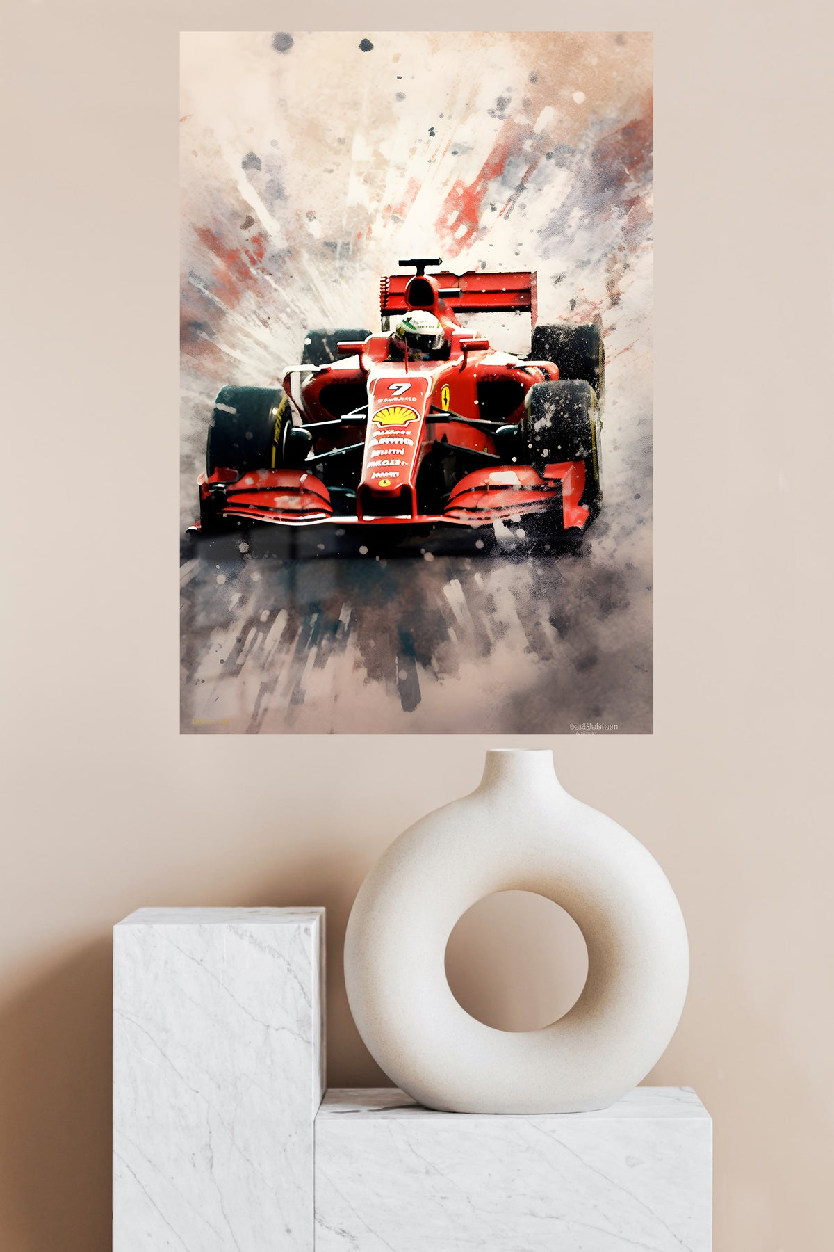Red Formula Race Car Splash metal wall art displayed in a modern interior