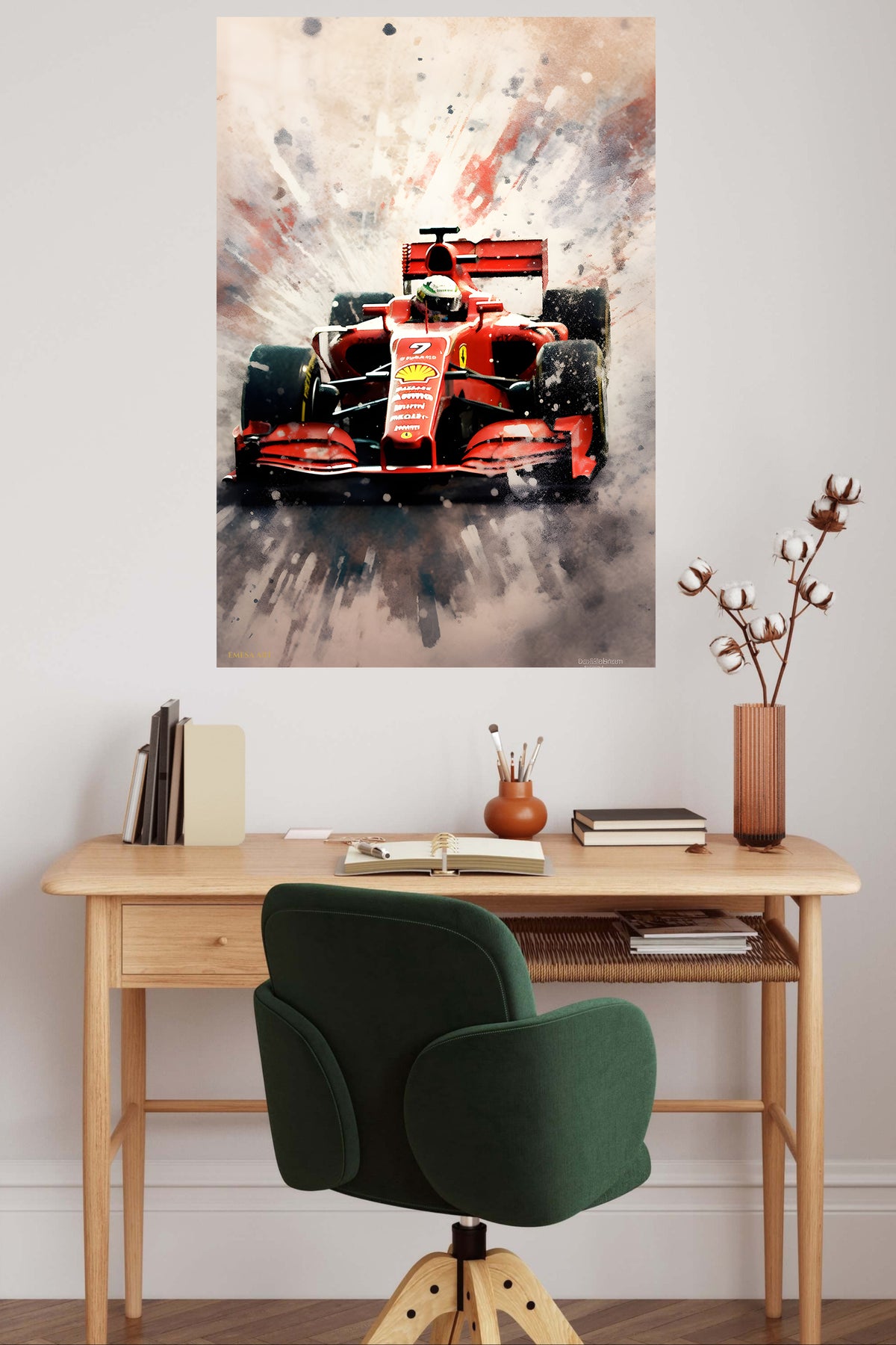 Red Formula Race Car Splash metal wall art displayed in a contemporary living space