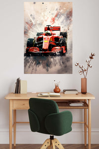 Red Formula Race Car Splash metal wall art displayed in a contemporary living space