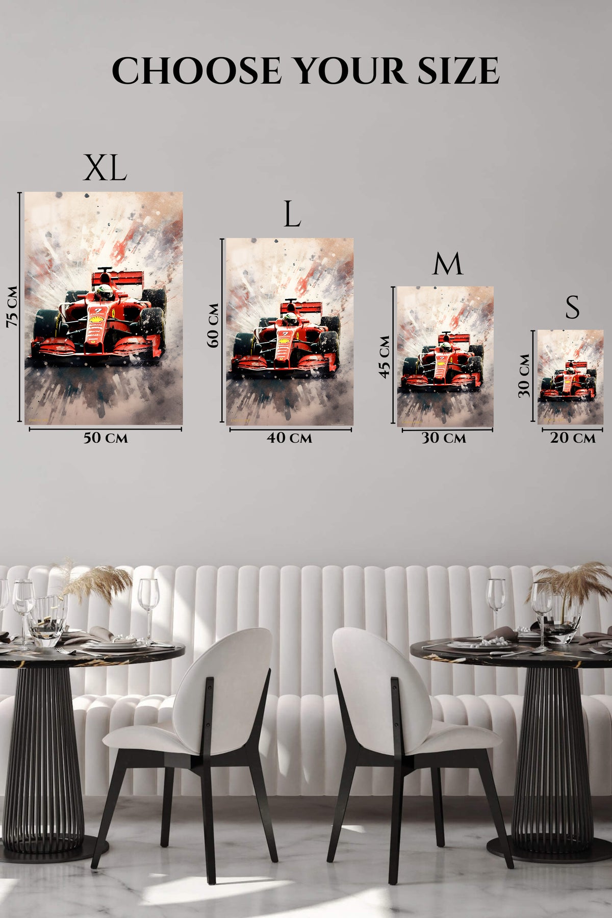 EMESA metal wall art size comparison guide for Red Formula Race Car Splash
