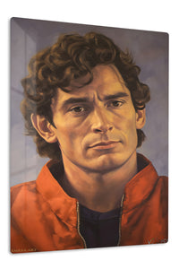 Curly-Haired Man in Red Jacket Portrait premium metal wall art – front view