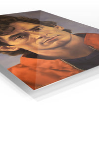 Curly-Haired Man in Red Jacket Portrait premium metal wall art – angled view