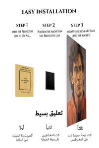Magnetic mounting installation guide for Curly-Haired Man in Red Jacket Portrait metal wall art