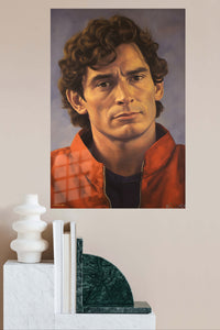 Curly-Haired Man in Red Jacket Portrait metal wall art displayed in a modern interior