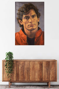 Curly-Haired Man in Red Jacket Portrait metal wall art displayed in a contemporary living space