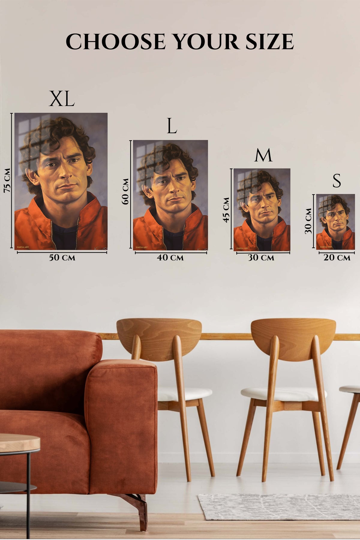EMESA metal wall art size comparison guide for Curly-Haired Man in Red Jacket Portrait