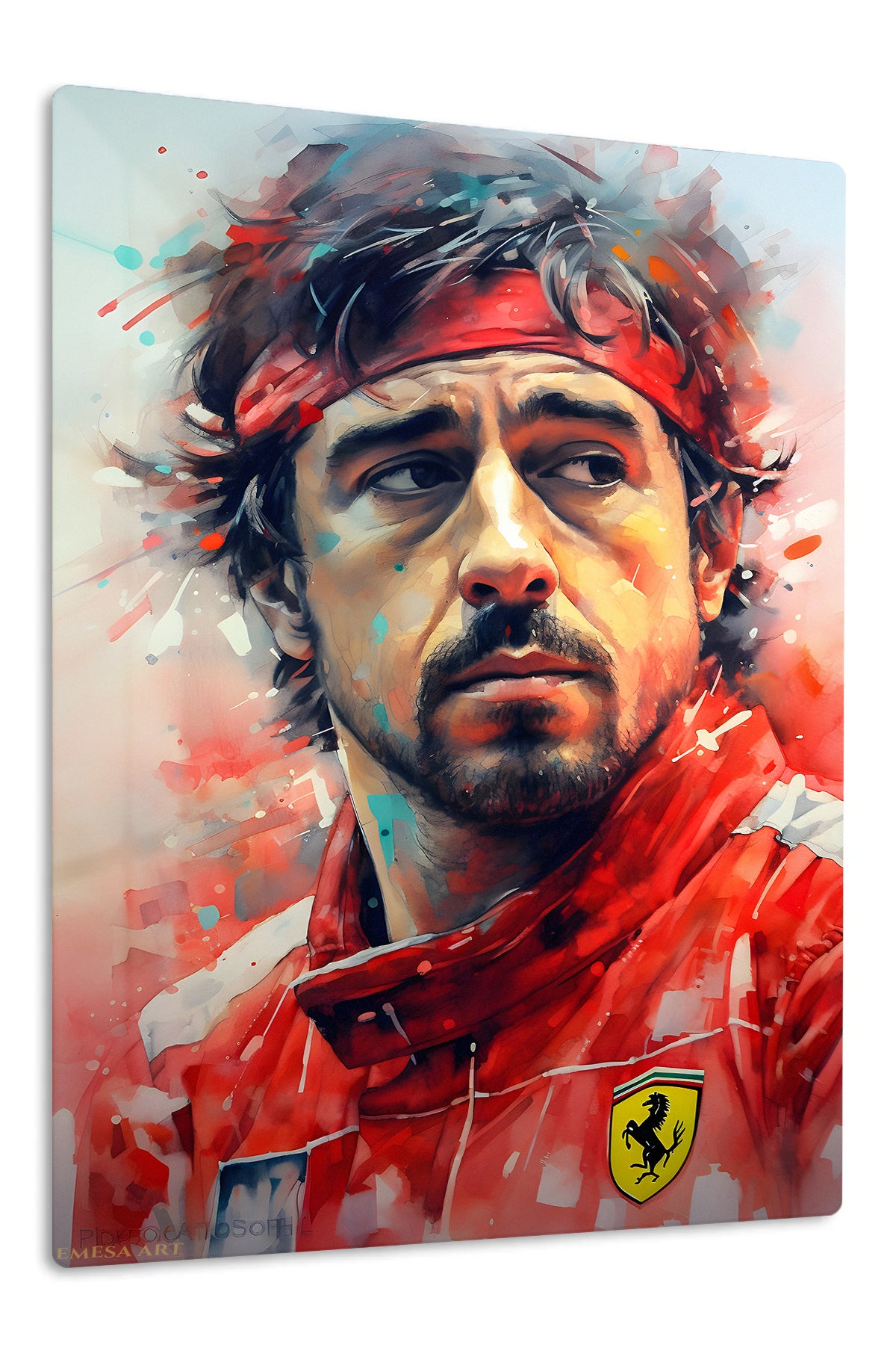 Red Racing Driver Portrait premium metal wall art – front view