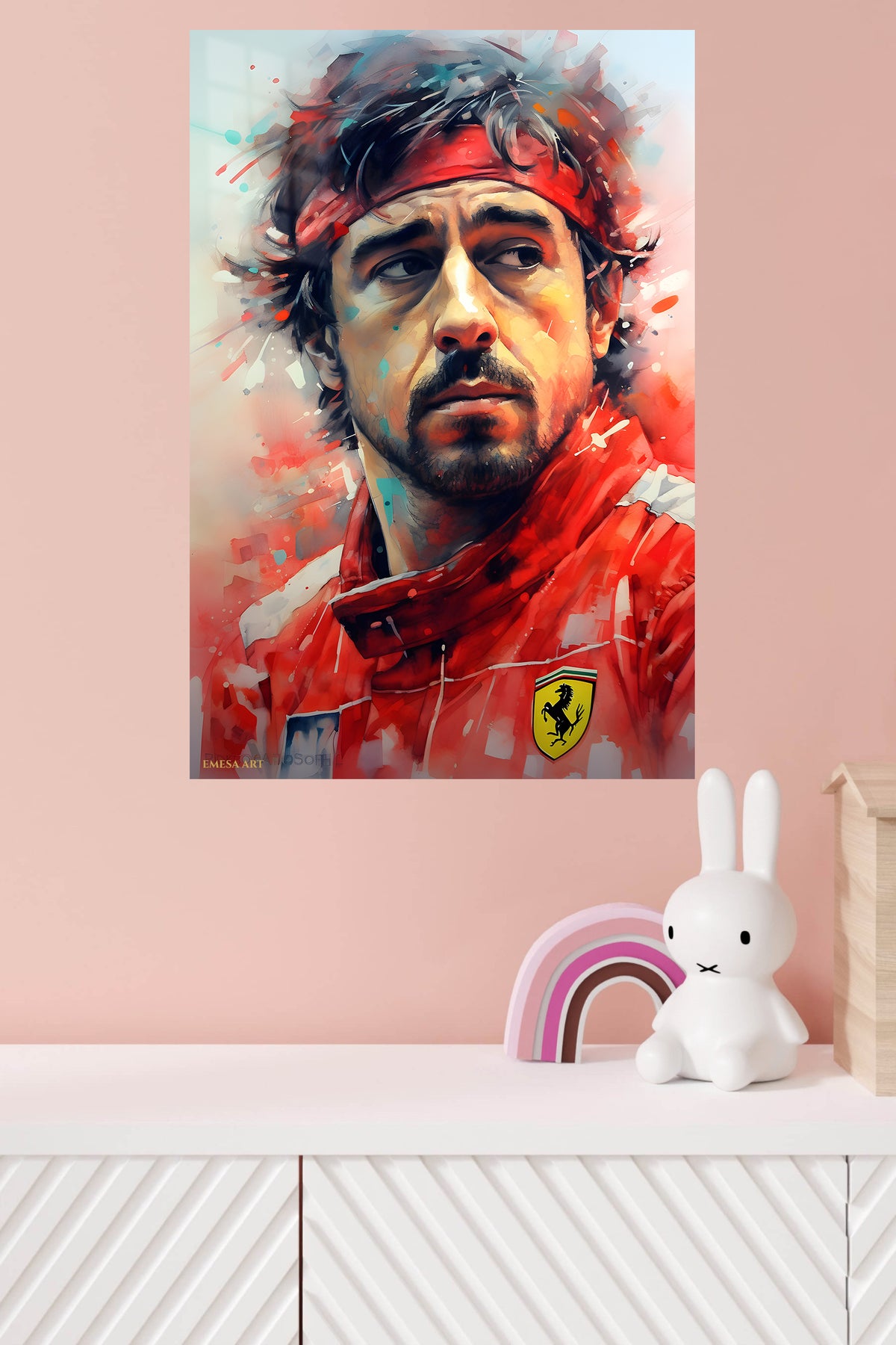 Red Racing Driver Portrait metal wall art displayed in a modern interior