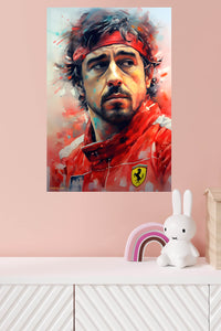 Red Racing Driver Portrait metal wall art displayed in a modern interior