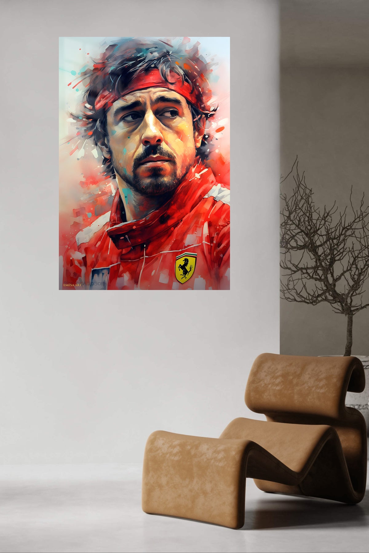 Red Racing Driver Portrait metal wall art displayed in a contemporary living space