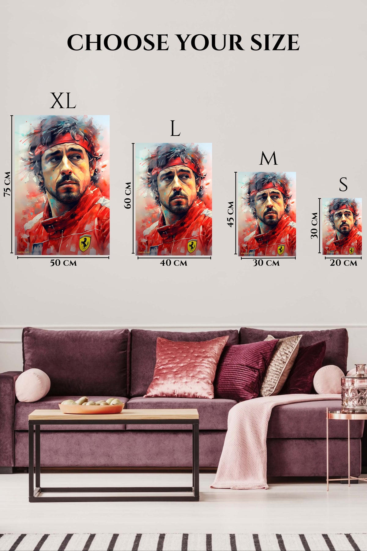 EMESA metal wall art size comparison guide for Red Racing Driver Portrait