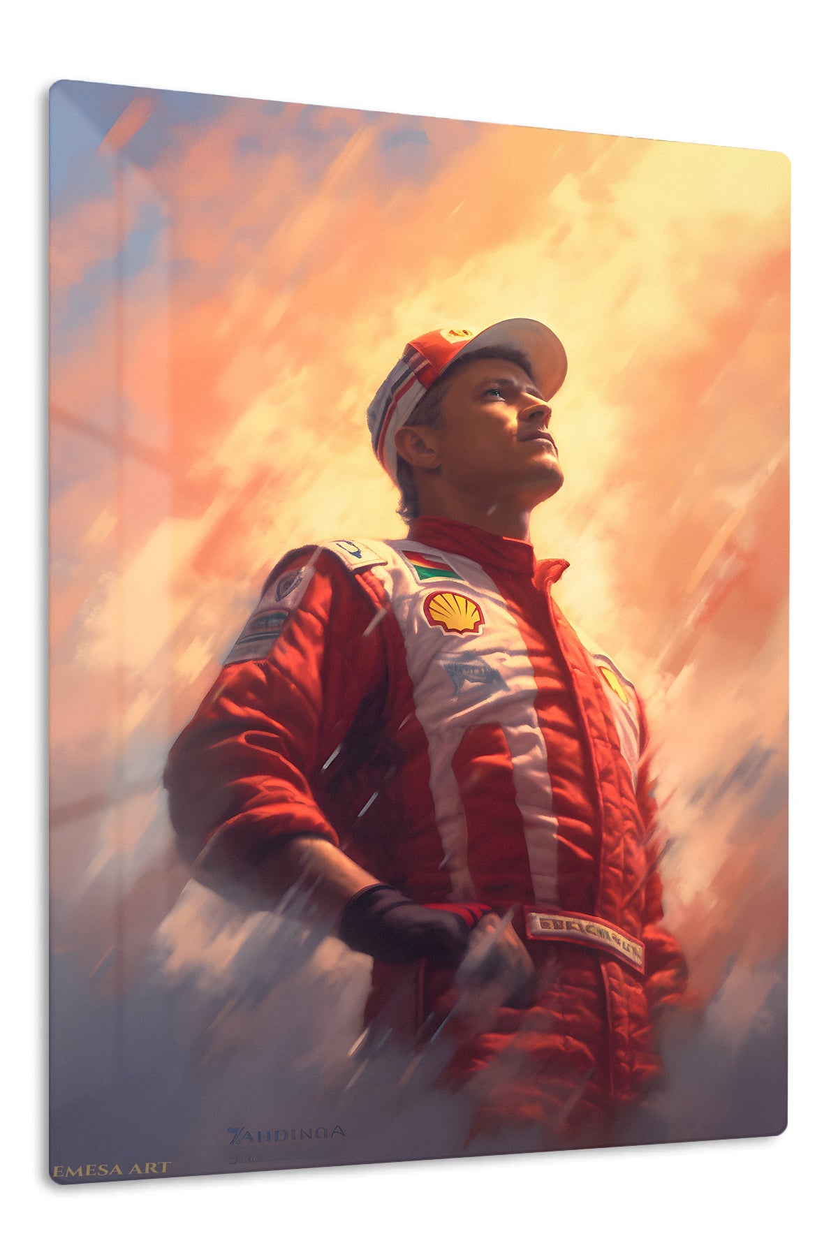 Sunset Racing Driver Portrait premium metal wall art – front view