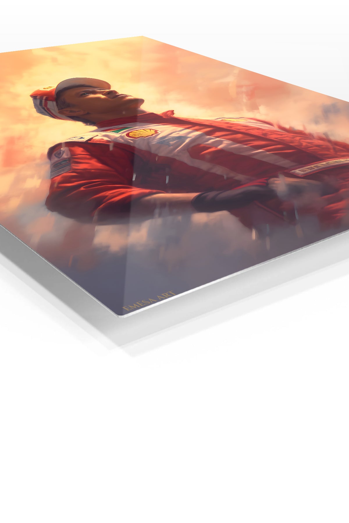Sunset Racing Driver Portrait premium metal wall art – angled view