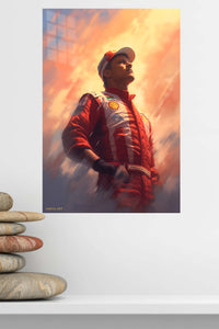 Sunset Racing Driver Portrait metal wall art displayed in a modern interior