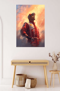 Sunset Racing Driver Portrait metal wall art displayed in a contemporary living space