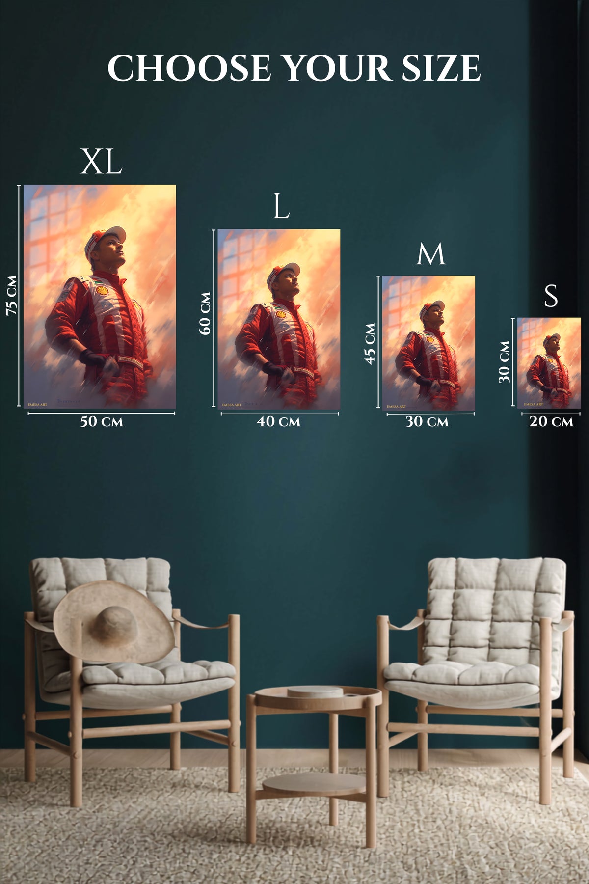 EMESA metal wall art size comparison guide for Sunset Racing Driver Portrait