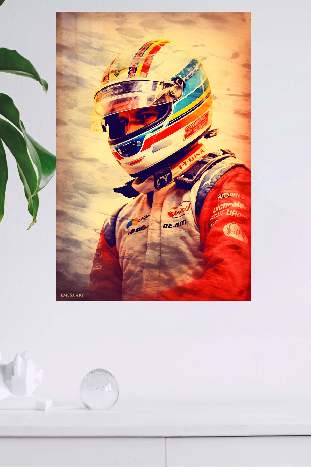 Sunlit Racing Driver Portrait metal wall art displayed in a modern interior