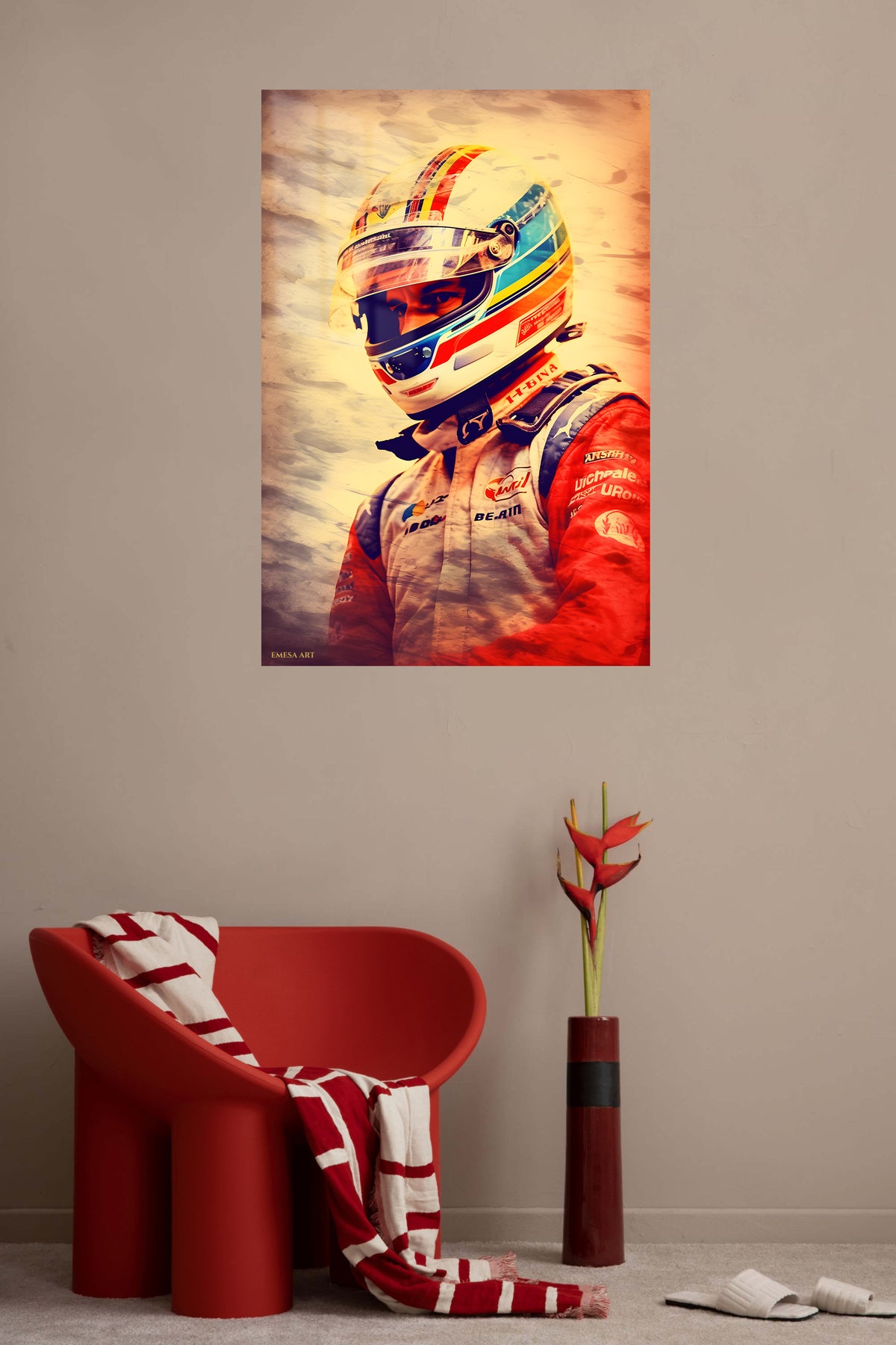Sunlit Racing Driver Portrait metal wall art displayed in a contemporary living space