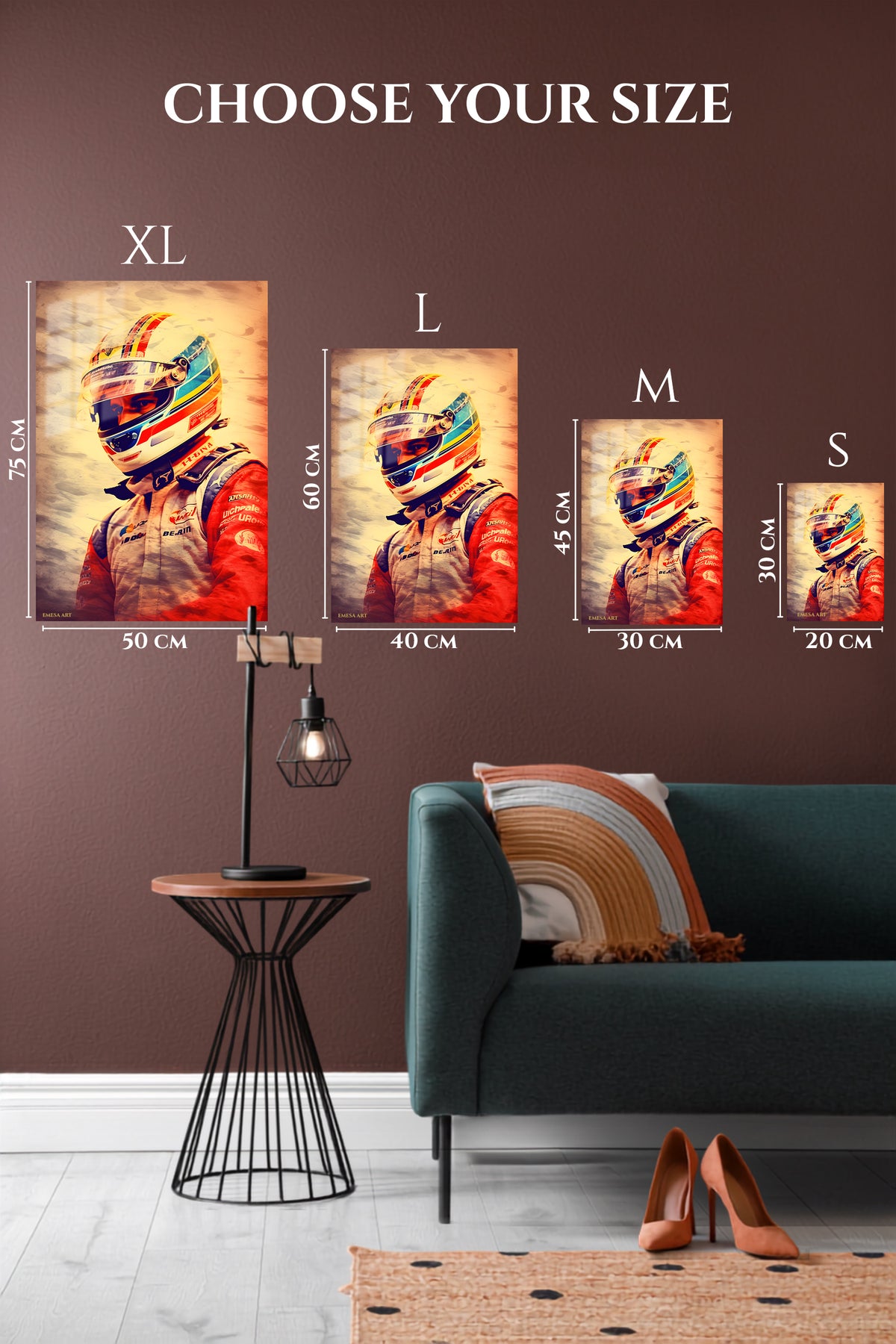 EMESA metal wall art size comparison guide for Sunlit Racing Driver Portrait