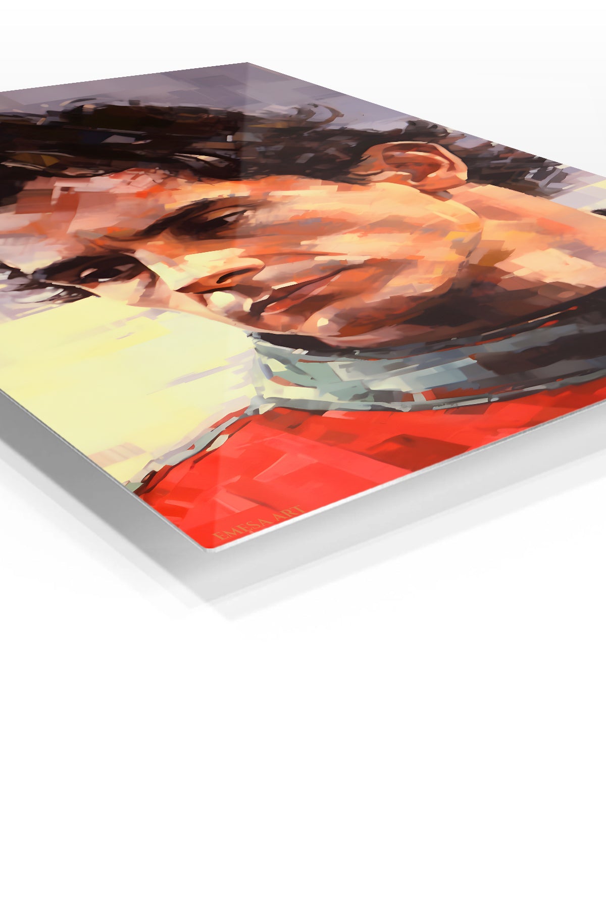 Geometric Athlete Portrait in Red premium metal wall art – angled view