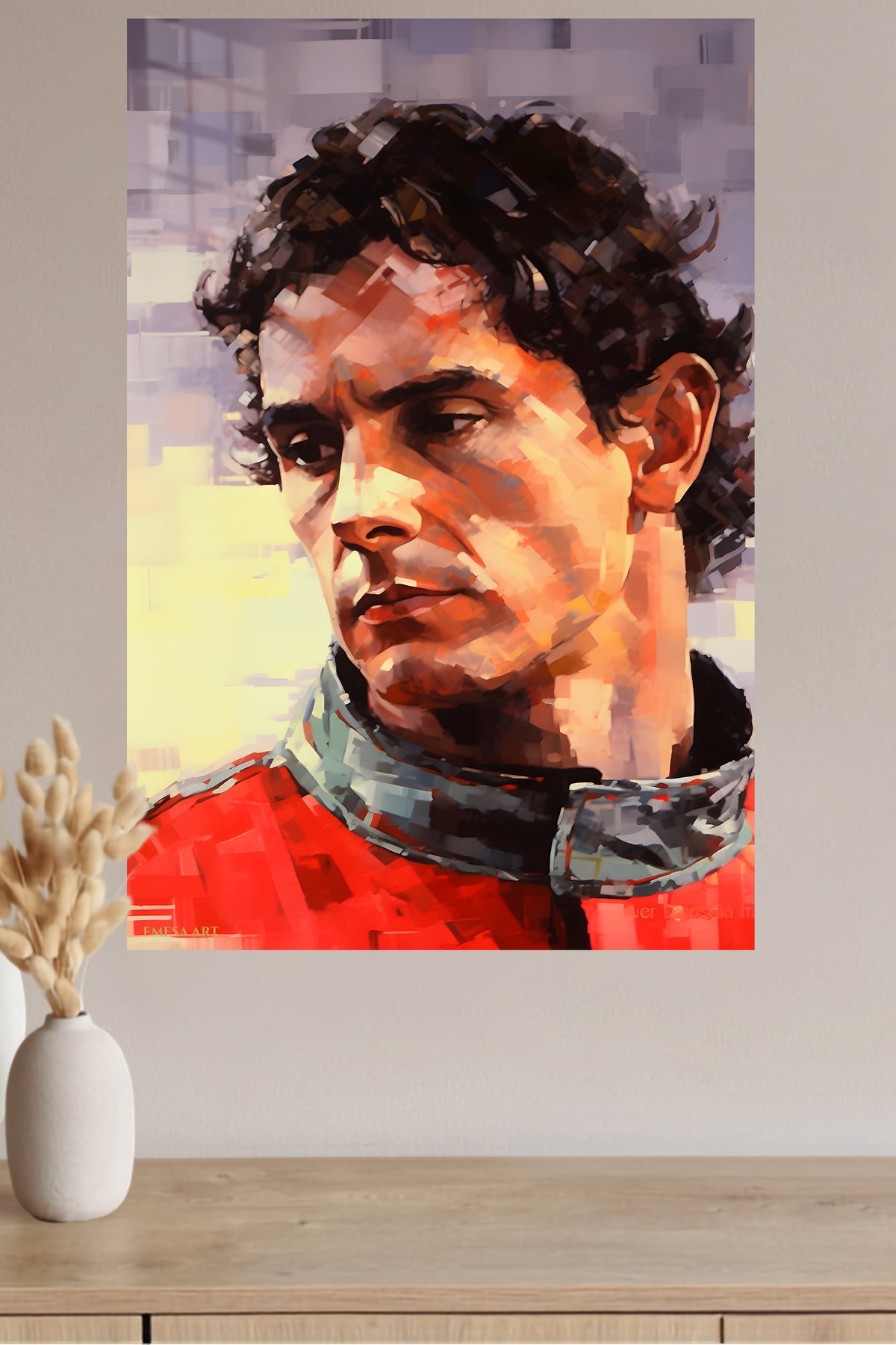 Geometric Athlete Portrait in Red metal wall art displayed in a modern interior