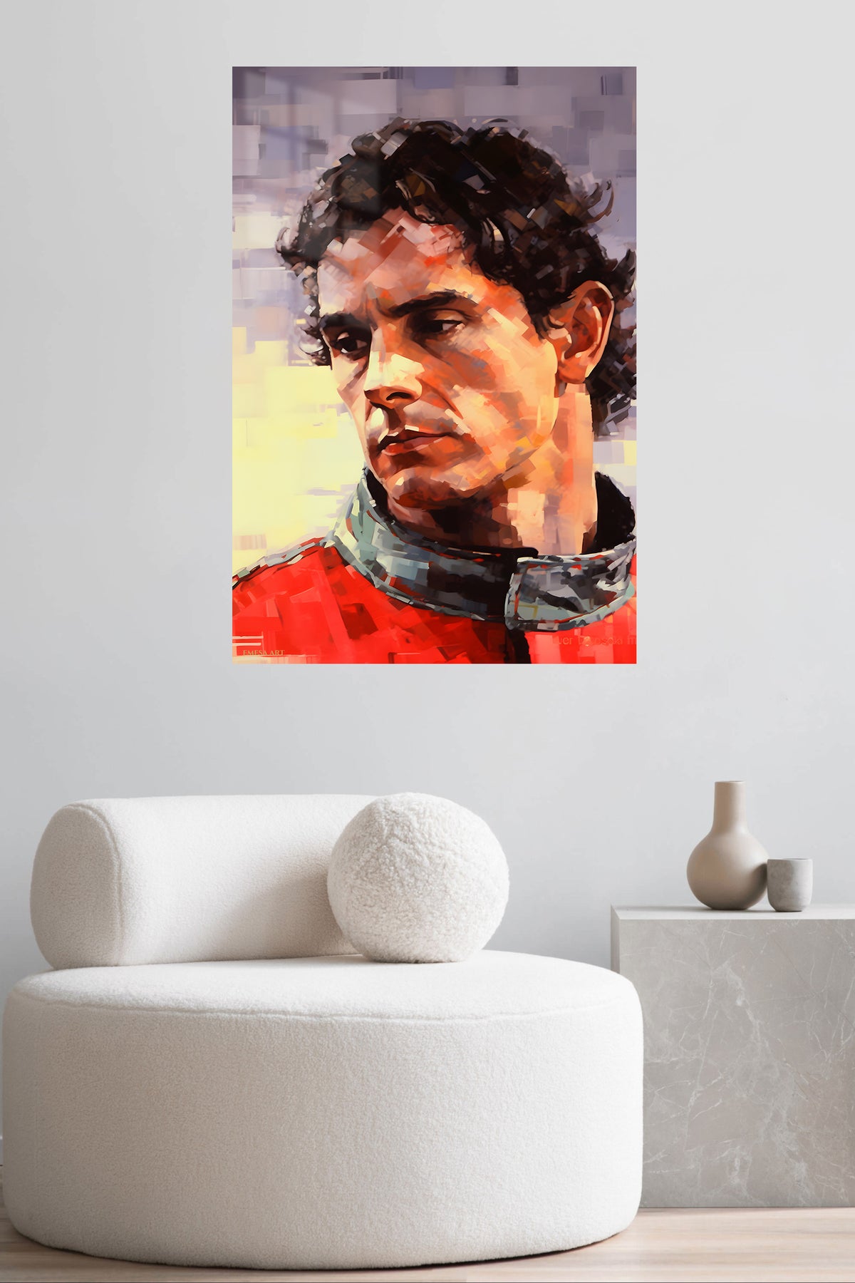 Geometric Athlete Portrait in Red metal wall art displayed in a contemporary living space