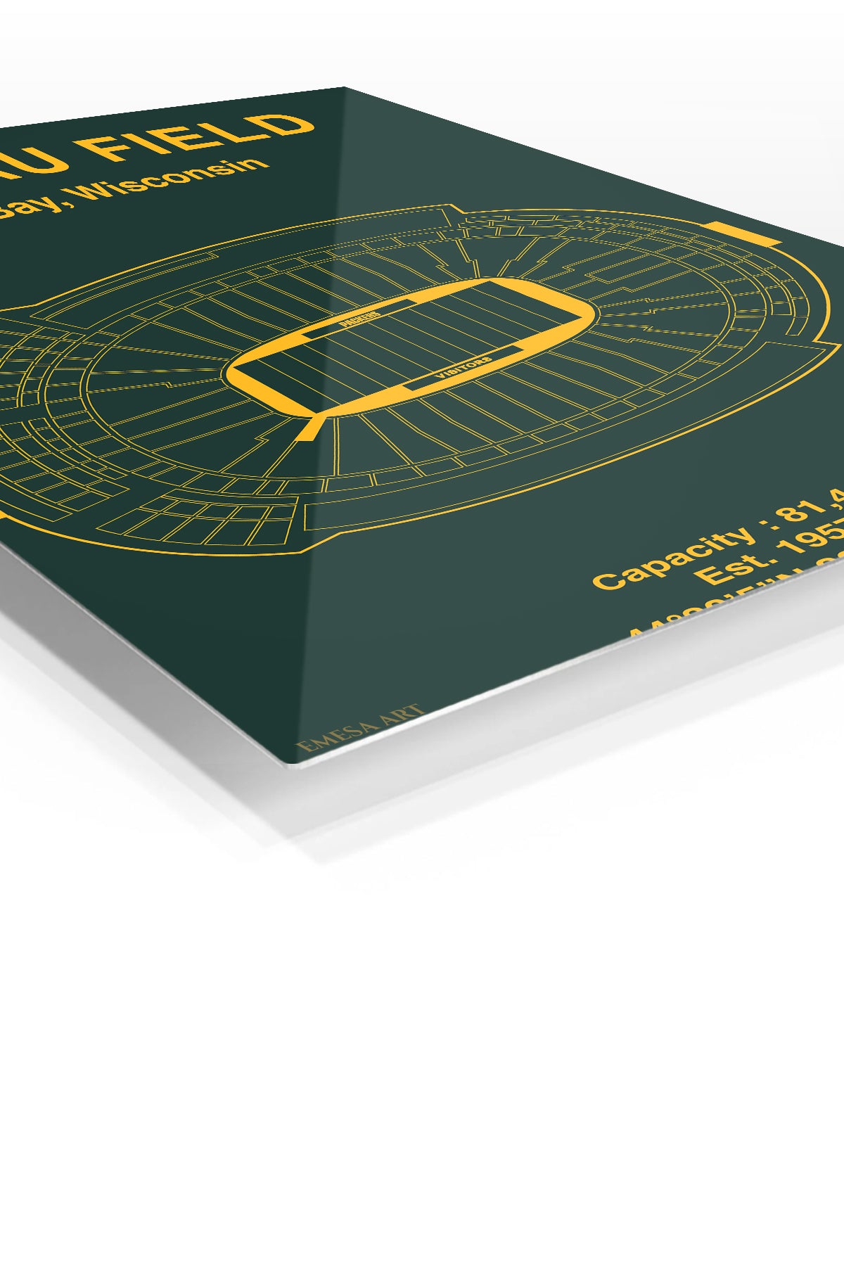 Lambeau Field Stadium Blueprint premium metal wall art – angled view