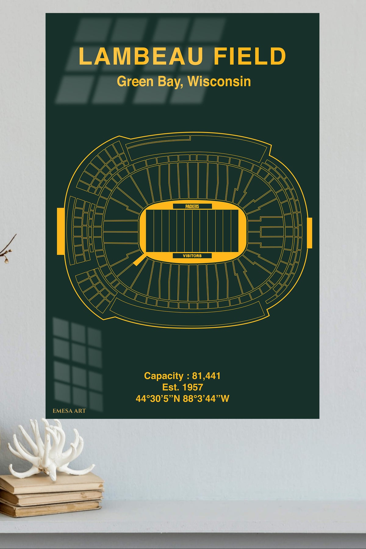 Lambeau Field Stadium Blueprint metal wall art displayed in a modern interior